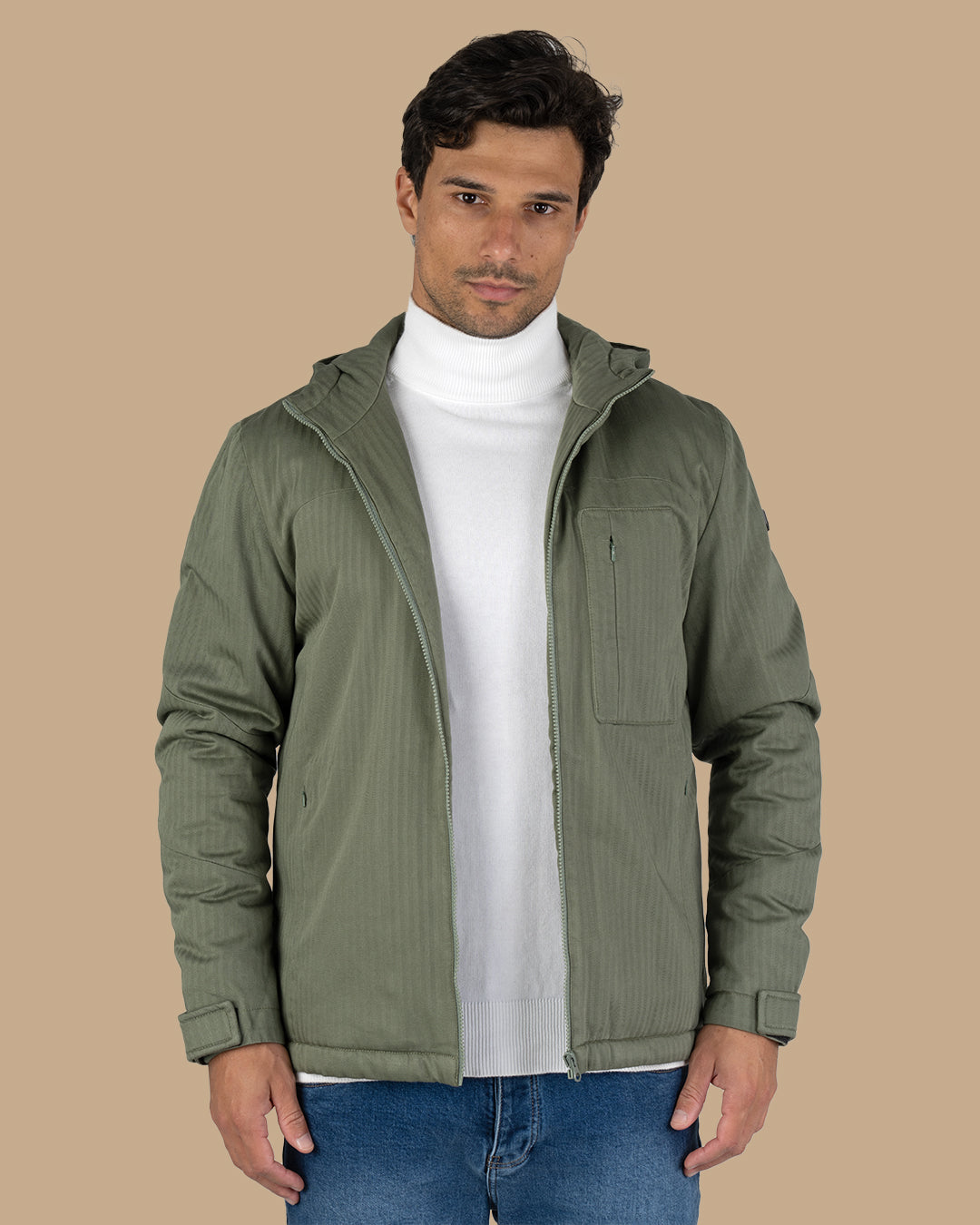 Olive Gabardine Hooded Jacket