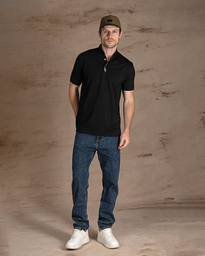 Black Cotton Knitted Polo Shirt With Button