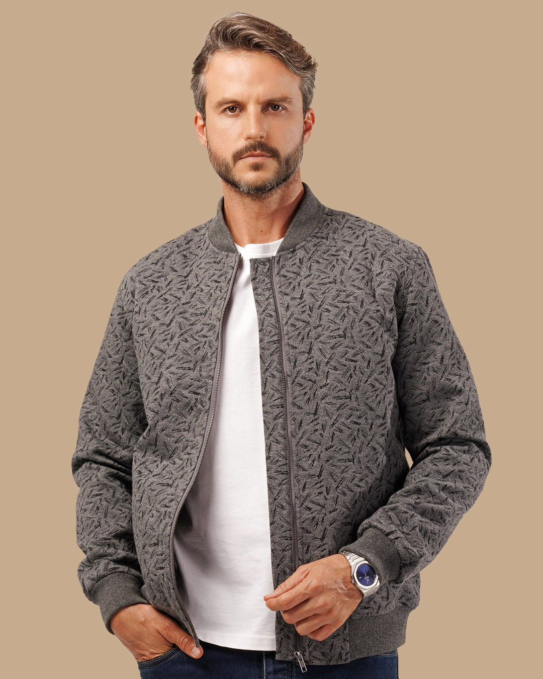 Men's Patterned Bomber Jacket - Dark Grey