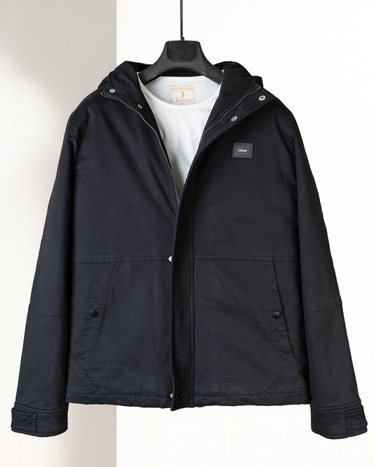 Black Casual Hooded Gabardine Jacket