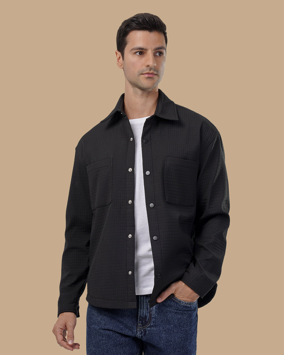 Classic Grid-Textured Quilted Jacket - Black