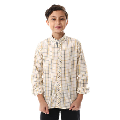 Beige with Yellow & Grey Lines Checkered Cotton Shirt