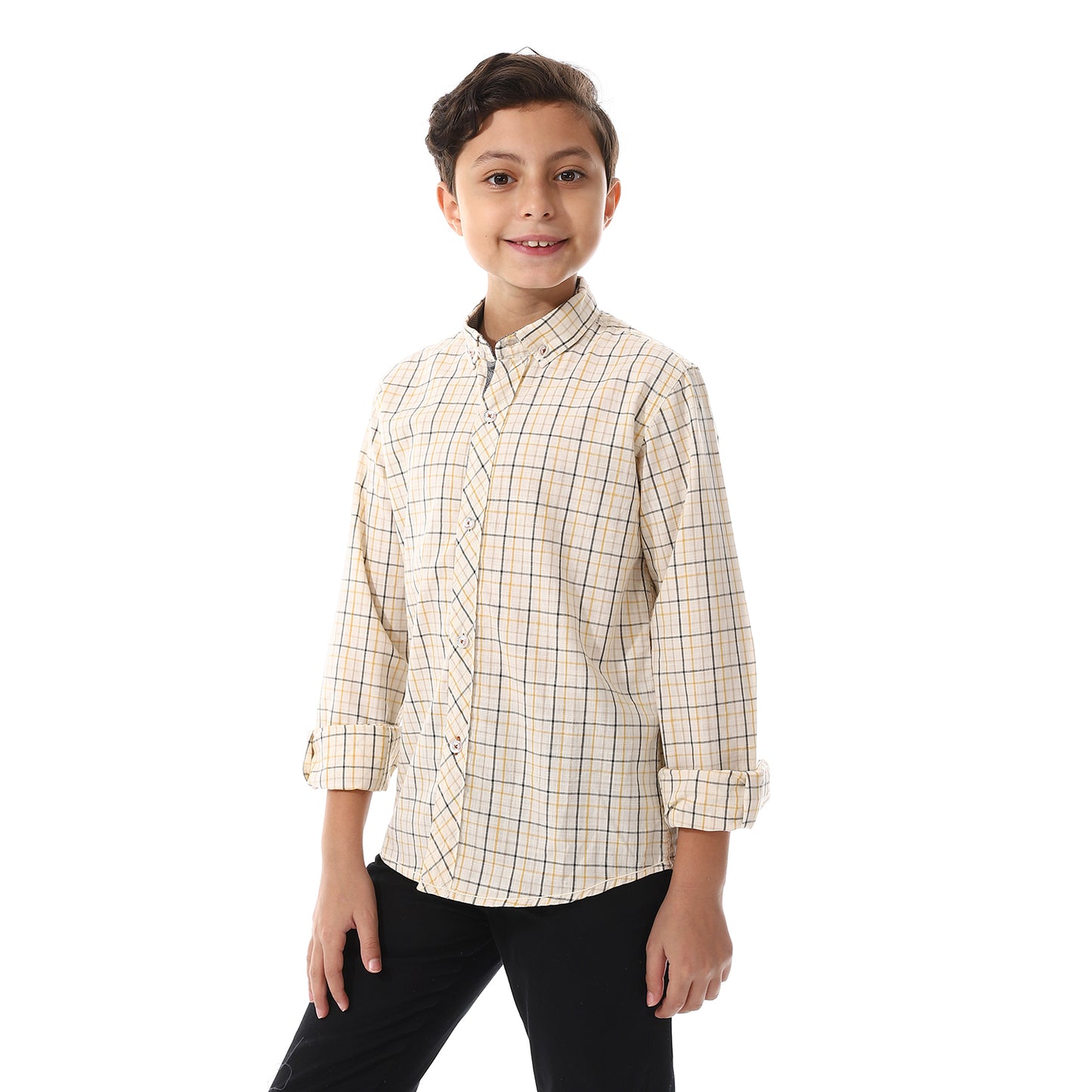 Beige with Yellow & Grey Lines Checkered Cotton Shirt