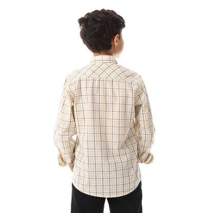 Beige with Yellow & Grey Lines Checkered Cotton Shirt