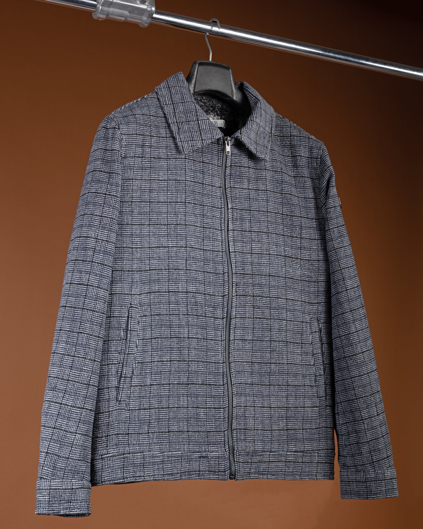 Navy-Blue Classic Checkered Blend Wool Jacket
