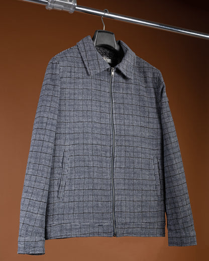 Navy-Blue Classic Checkered Blend Wool Jacket