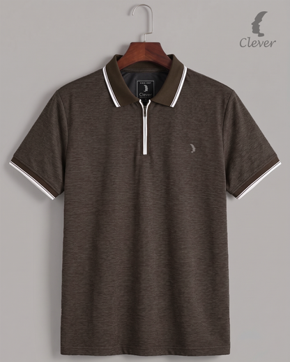 Brown Half-Zip Cotton Polo Shirt