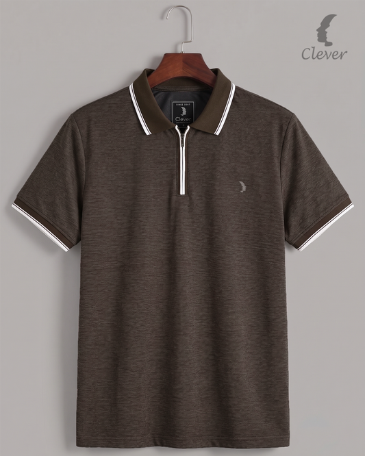 Brown Half-Zip Cotton Polo Shirt