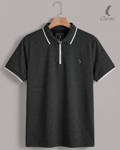Black Half-Zip Cotton Polo Shirt