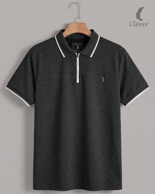 Black Half-Zip Cotton Polo Shirt