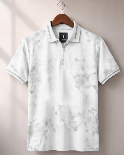 White Half-Zip printed  Cotton Polo Shirt