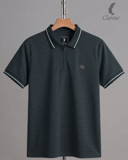 Petrol Half-Zip Striped Cotton Polo Shirt