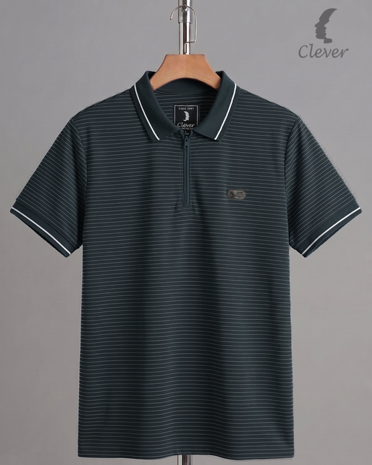 Petrol Half-Zip Striped Cotton Polo Shirt