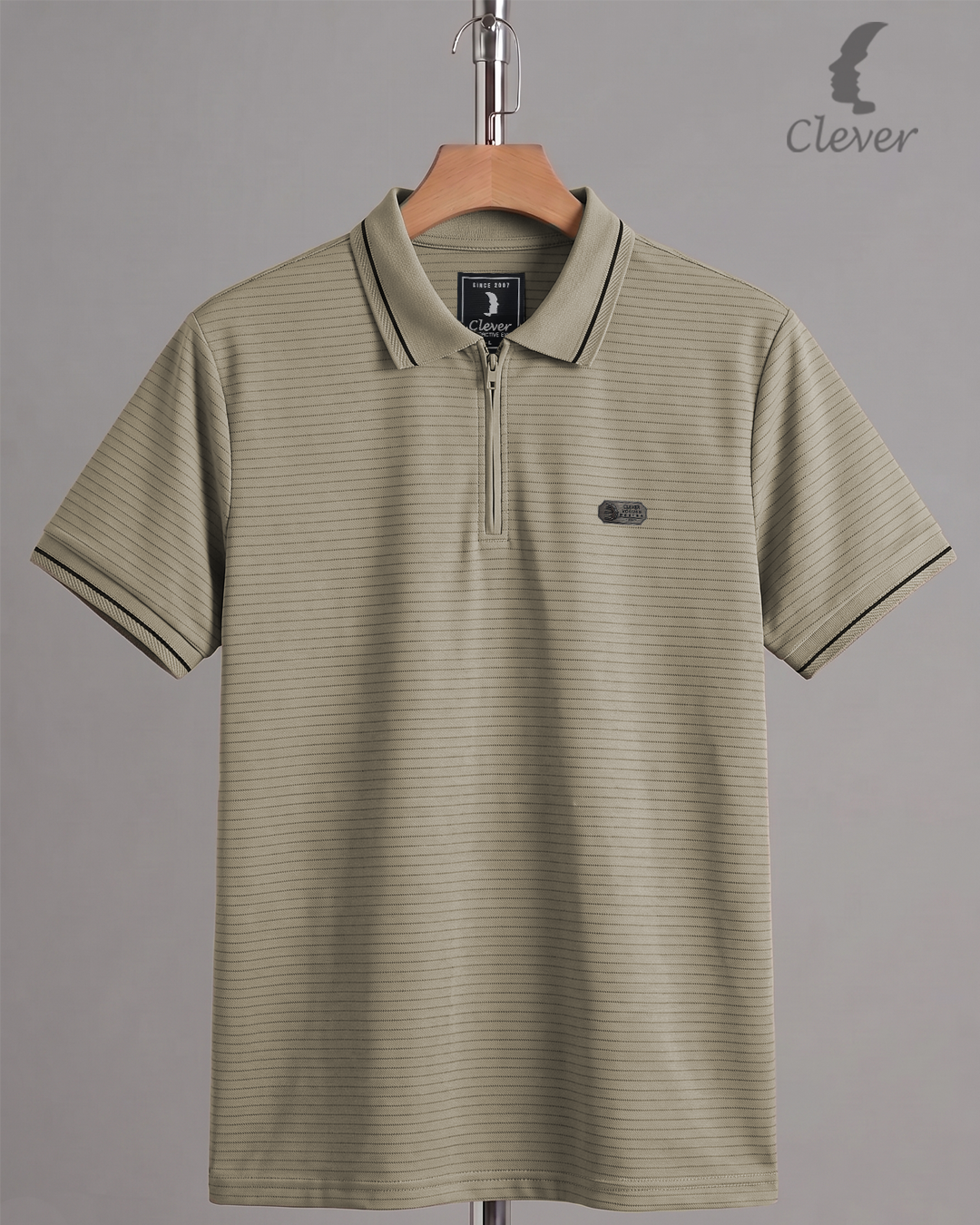 Camel Half-Zip Striped Cotton Polo Shirt