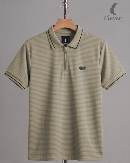Camel Half-Zip Striped Cotton Polo Shirt