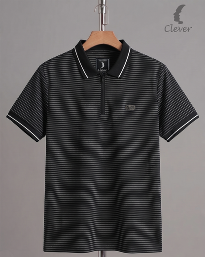 Black Half-Zip Striped Cotton Polo Shirt