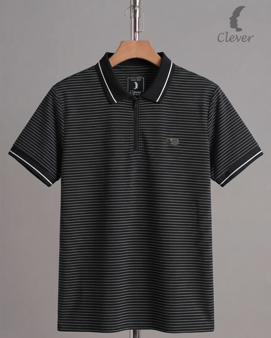 Black Half-Zip Striped Cotton Polo Shirt