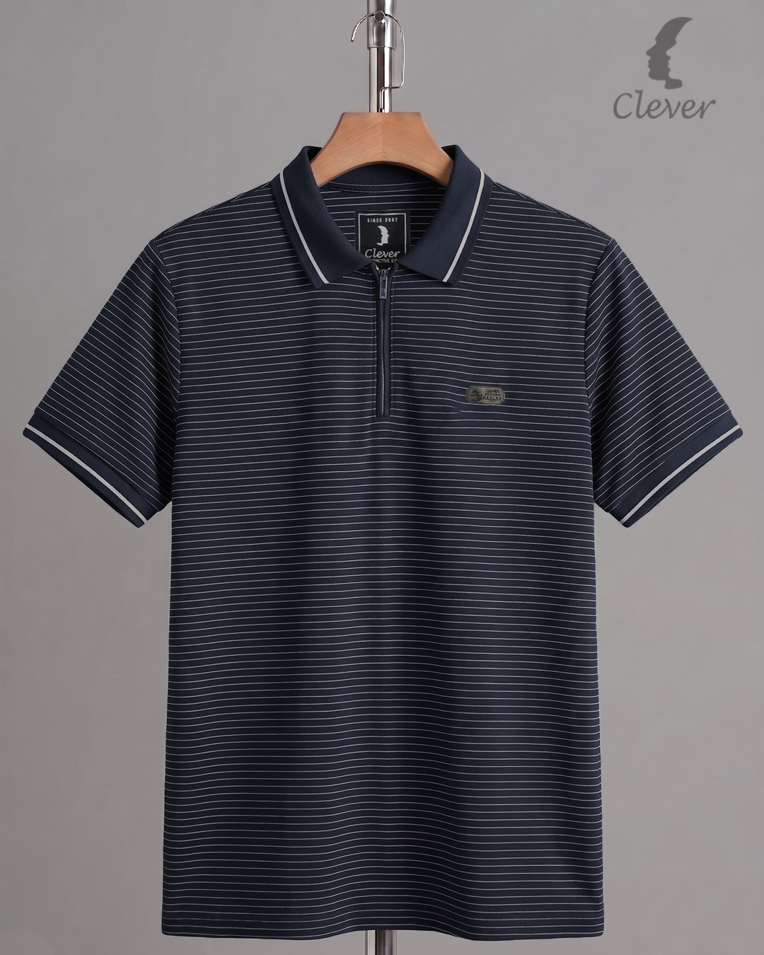 Navy Blue Half-Zip Striped Cotton Polo Shirt