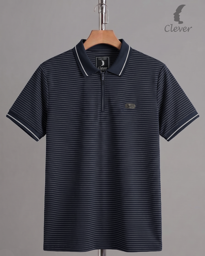 Navy Blue Half-Zip Striped Cotton Polo Shirt