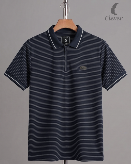 Navy Blue Half-Zip Striped Cotton Polo Shirt
