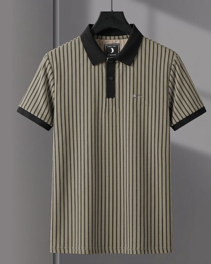 Beige Vertical Stripe Cotton Polo Shirt