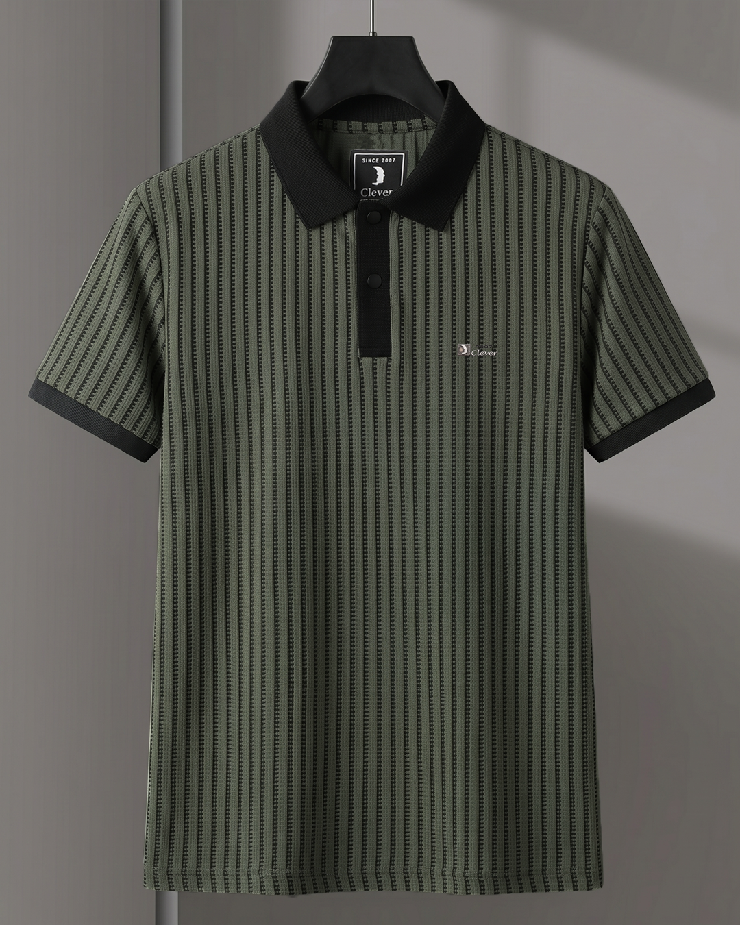 Khaki Vertical Stripe Cotton Polo Shirt