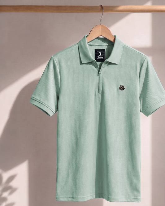 Mint Green Half-Zip Cotton Polo Shirt