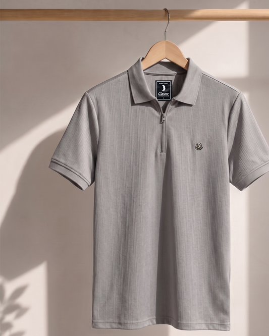 Grey Half-Zip Cotton Polo Shirt