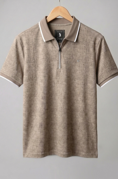 Camel Half-Zip Cotton Polo Shirt