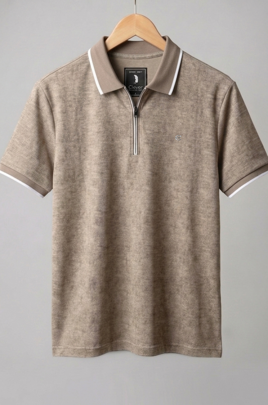 Camel Half-Zip Cotton Polo Shirt