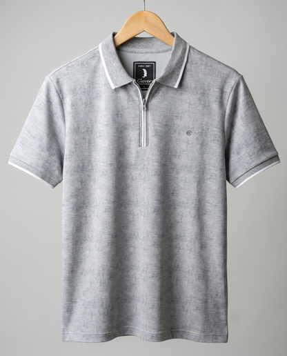 Grey Half-Zip Cotton Polo Shirt