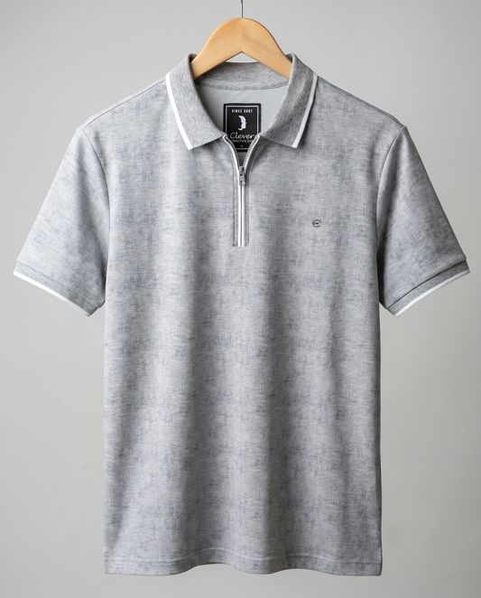 Grey Half-Zip Cotton Polo Shirt