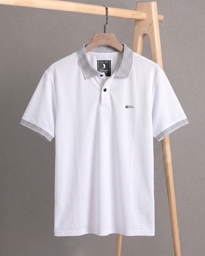 White Cotton Polo Shirt with Patterned Collar