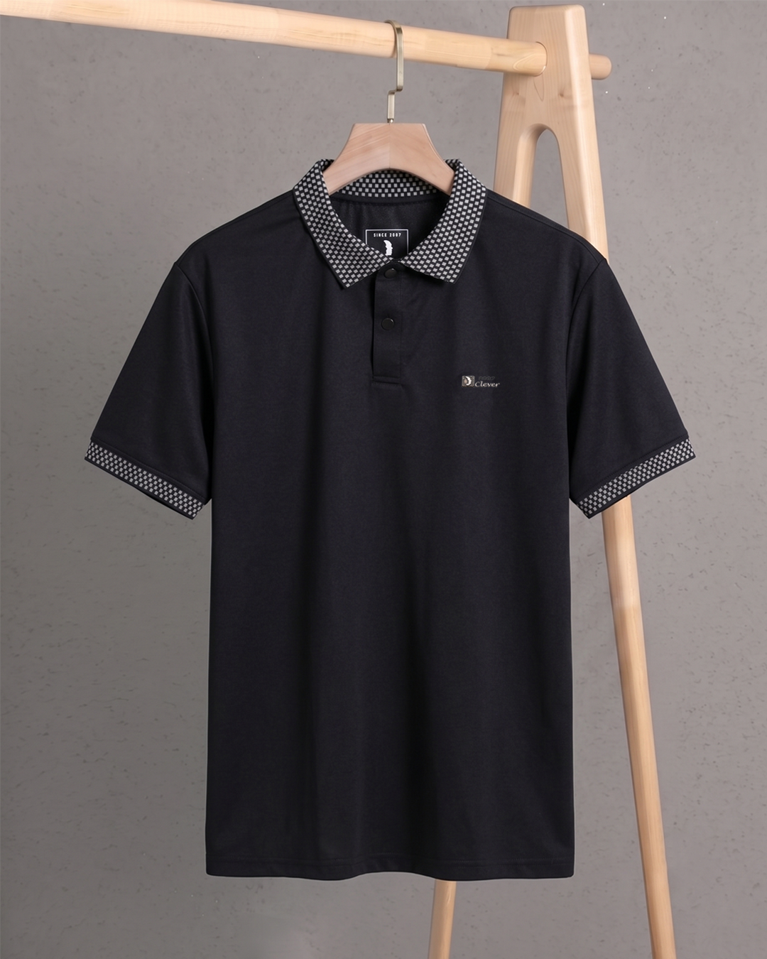 Black Cotton Polo Shirt with Patterned Collar