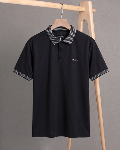 Black Cotton Polo Shirt with Patterned Collar