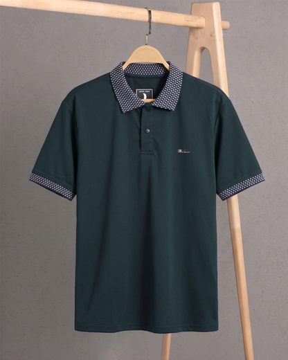 Navy Blue Cotton Polo Shirt with Patterned Collar
