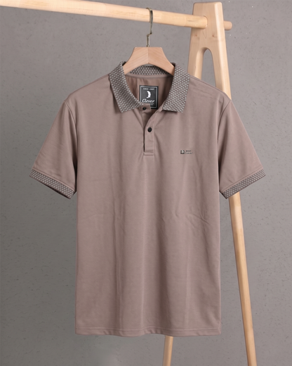 Dark Beige Cotton Polo Shirt with Patterned Collar