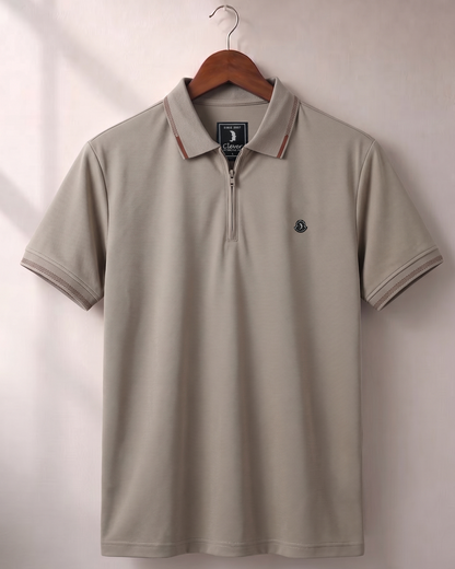 Drak beige Half-Zip Plain Cotton Polo Shirt