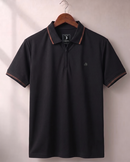Black Half-Zip Plain Cotton Polo Shirt