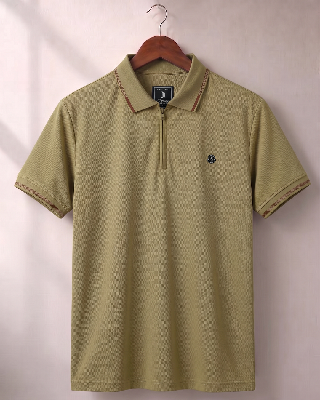 Khaki Half-Zip Plain Cotton Polo Shirt
