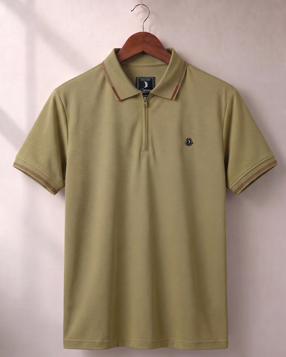 Khaki Half-Zip Plain Cotton Polo Shirt