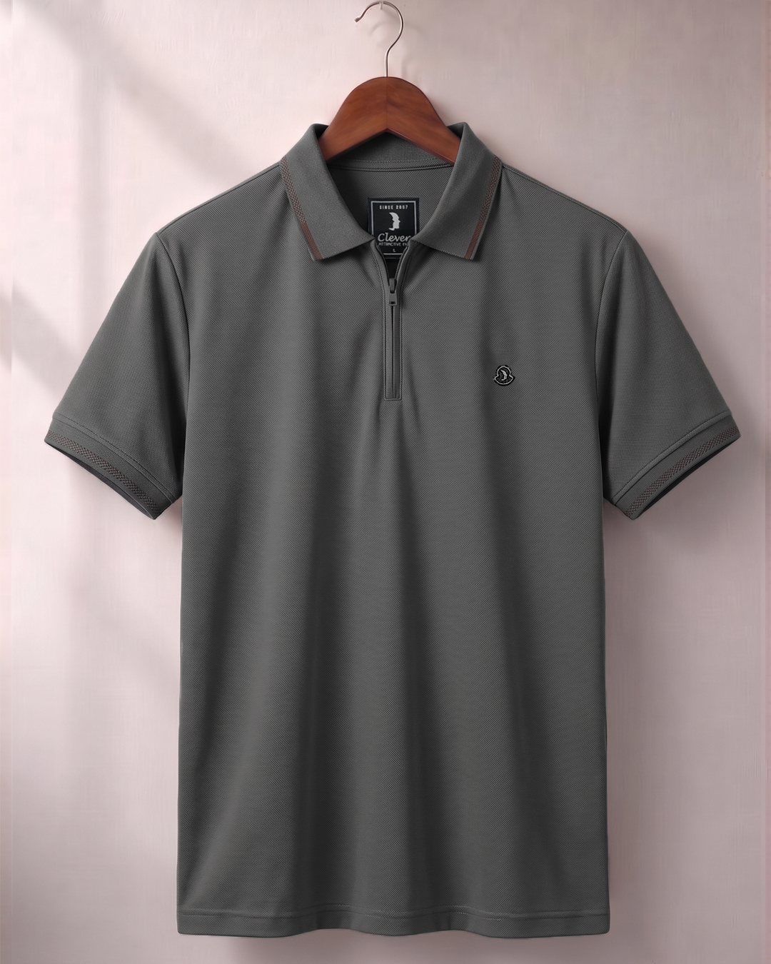 Grey  Half-Zip Plain Cotton Polo Shirt