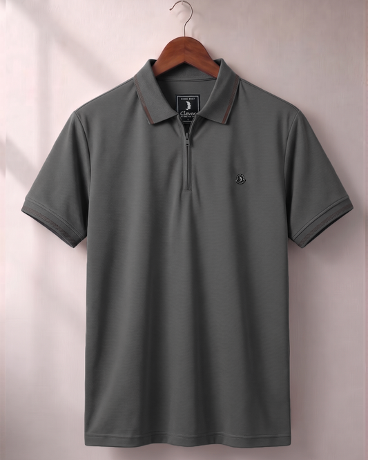 Grey  Half-Zip Plain Cotton Polo Shirt