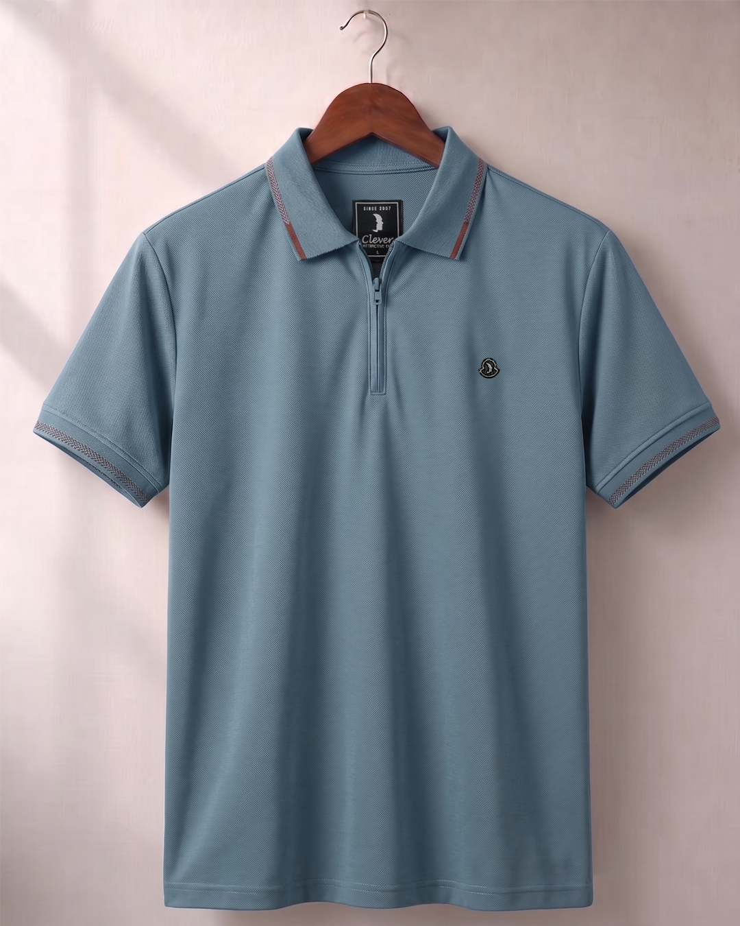 Blue Grey Half-Zip Plain Cotton Polo Shirt