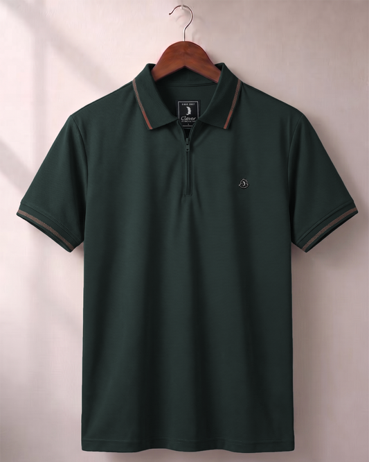 Green Half-Zip Plain Cotton Polo Shirt