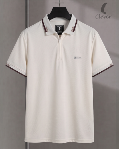 White Half-Zip Cotton Polo Shirt with Brown Trim