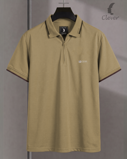 Camel Half-Zip Cotton Polo Shirt with Brown Trim