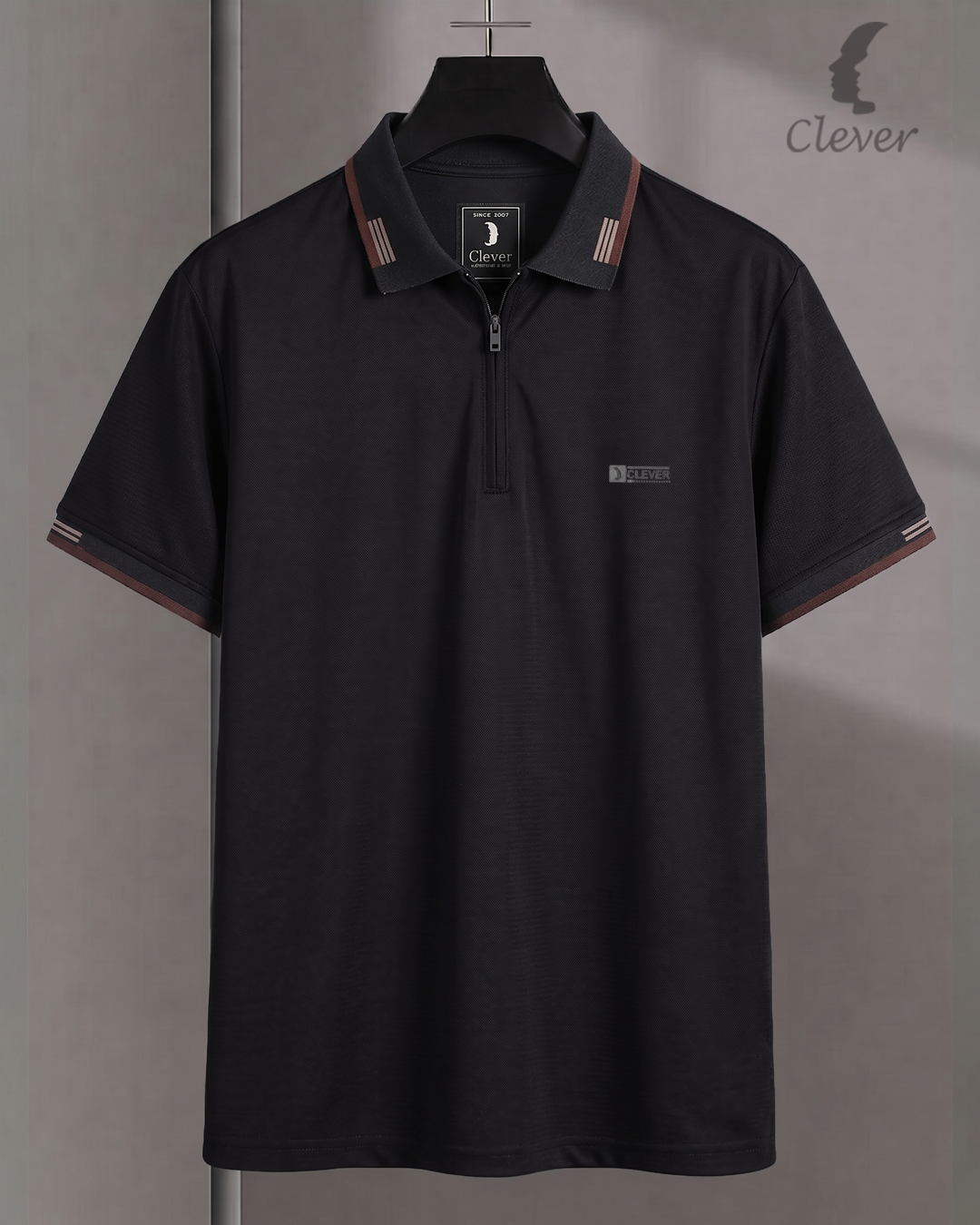Black Half-Zip Cotton Polo Shirt with Brown Trim