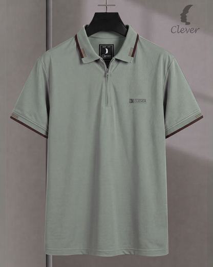 Light Green Half-Zip Cotton Polo Shirt with Brown Trim
