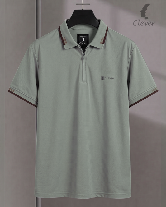 Light Green Half-Zip Cotton Polo Shirt with Brown Trim
